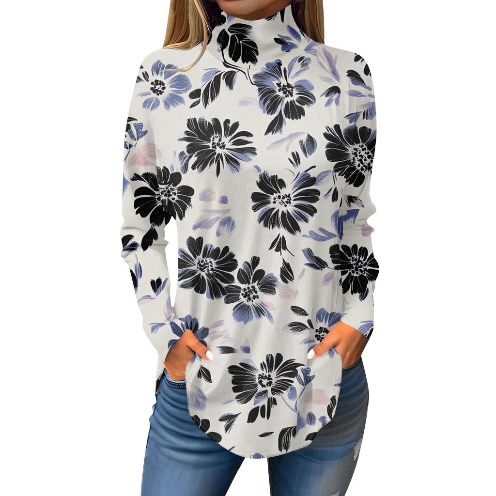 Tee Shirts For Women Fall Casual Long Sleeve Shirts Sweatshirt Vintage Printed High Neck Top Pullover
