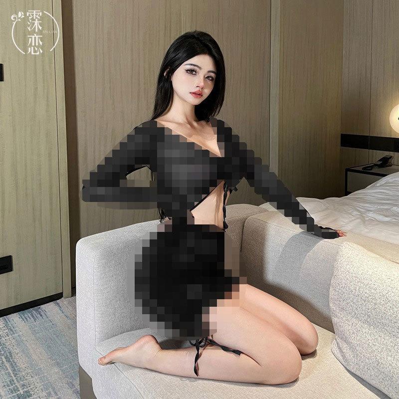 Sexy hollow mesh lace-up lingerie seduces spice girls perspective hip wrap slim nightclub uniform suit