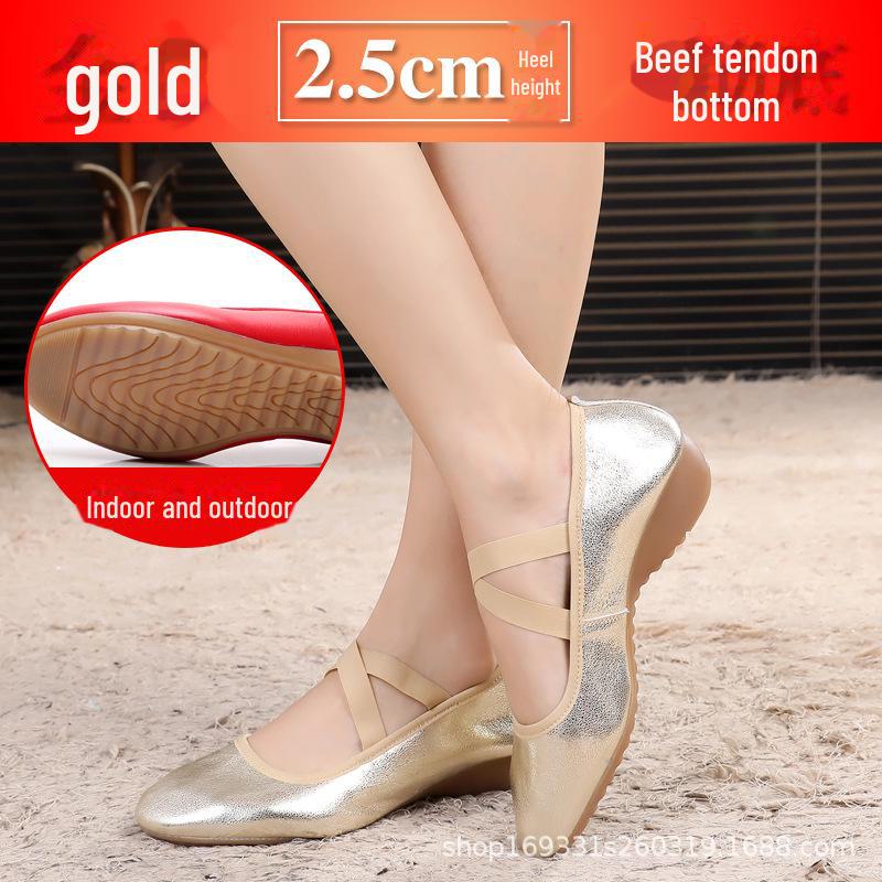 

Женские туфли для бальных танцев из мягкой кожи - низкий каблук, плоский каблук, подошва из коровьей кожи 41 золотой