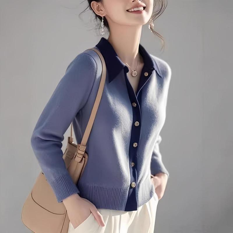 Autumn and Winter Blue Lapel Knitted Cardigan Women's Design Sense Good-looking Top