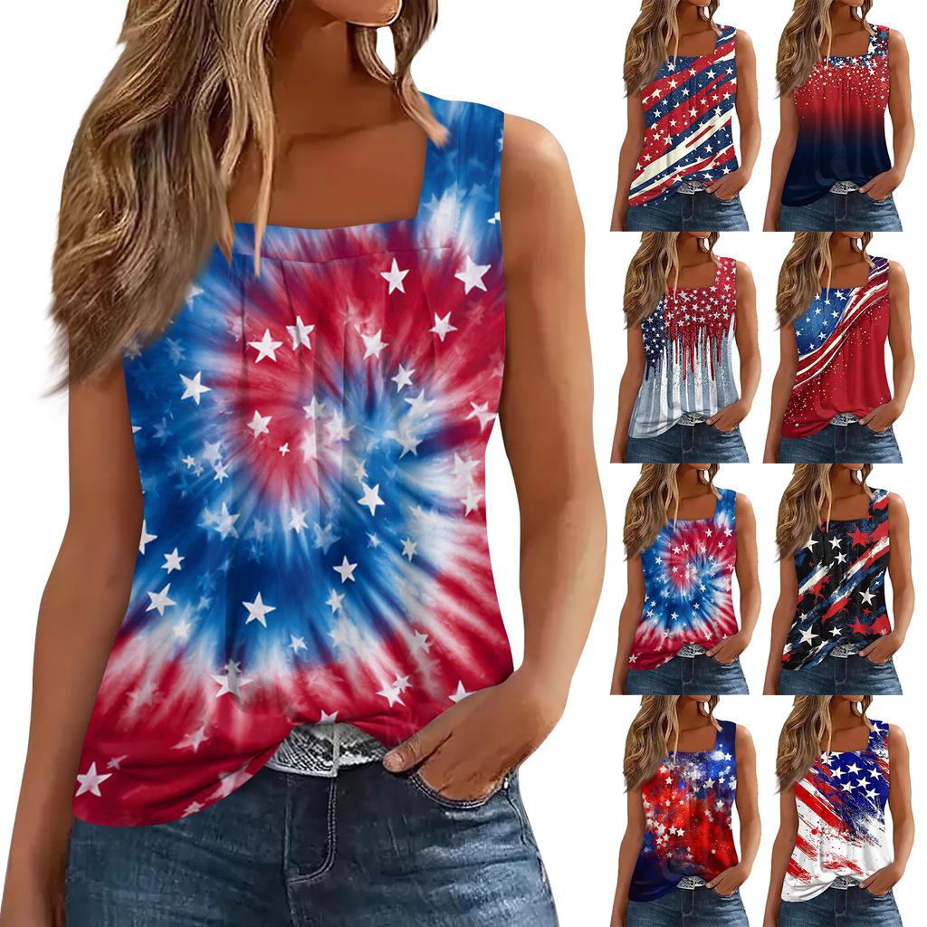 Square Collar Tank Top Women Print Tank Tee Casual Loose Fit Sleeveless Shirt
