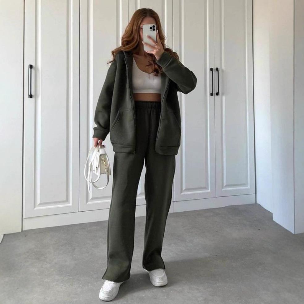 Europe, America, cross-border, women's clothing 2025 new fashion casual suit solid color long-sleeved sweater zipper trousers two-piece set