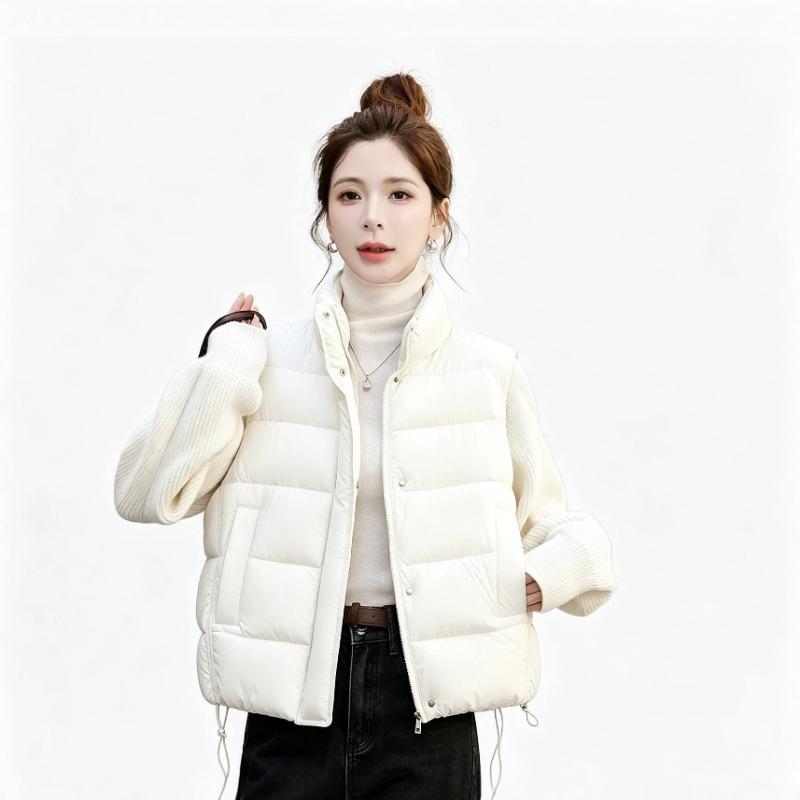 Women Short Cotton Jacket Stand Collar Long Sleeve Solid Color Casual Winter Coat