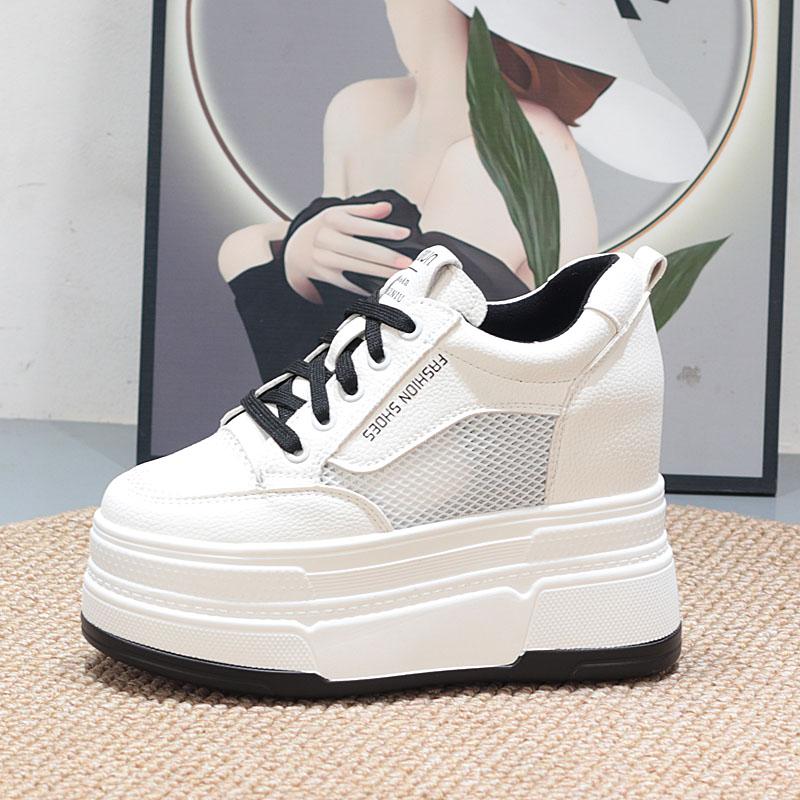 

Мода 12 см платформа каблук танкетка туфли кроссовки лодочки белая платформа сетка полые туфли женщины zapatos de mujer 34 чёрный