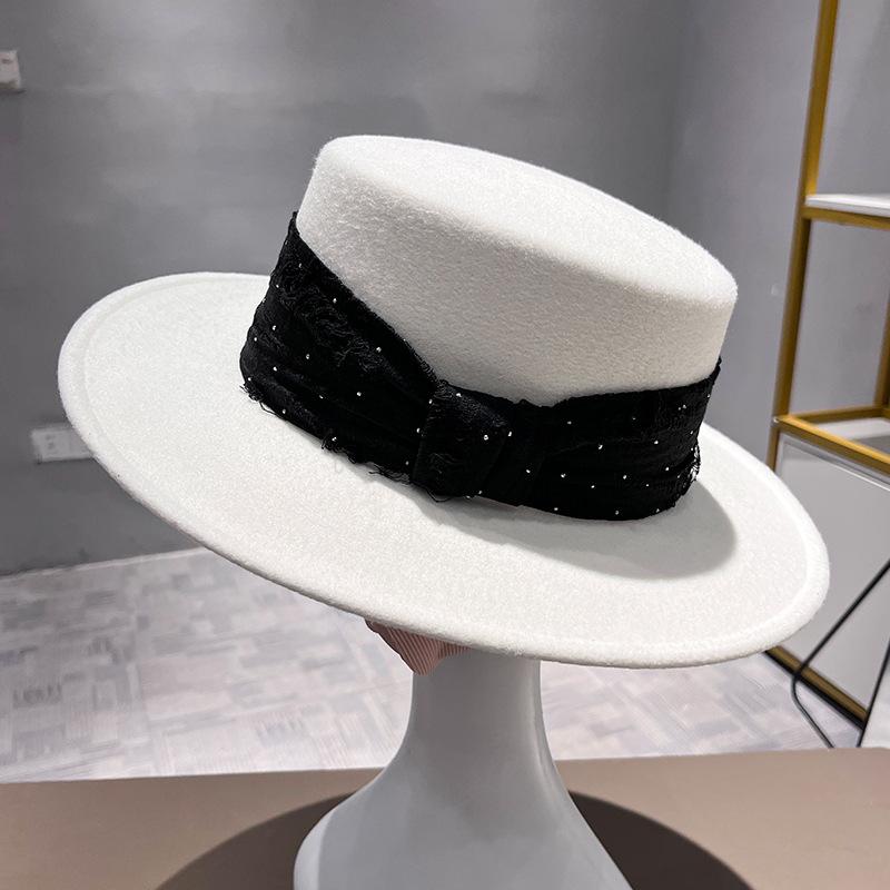 French Rhinestone Satin Top Hat Children Elegant Personality Woolen Hepburn Big Edge Flat Hat Jazz Hat
