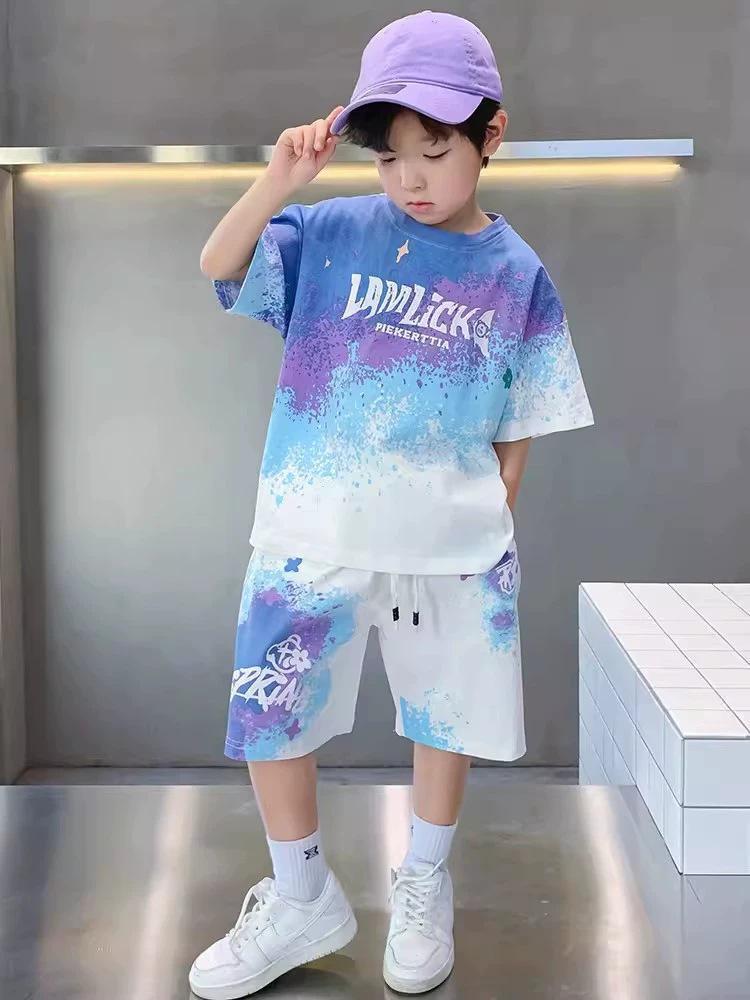 Boys' 2026 Quick-Dry Gradient Sportswear Set: Short-Sleeve Printed Two-Piece Summer Outfit