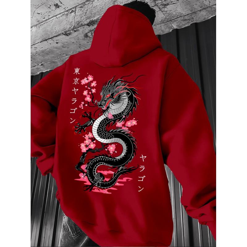 Black Dragon Cherry Blossom Print Hoodie Loose Drop Shoulder Unisex Pullover Sweatshirt Couples Winter Casual Wear