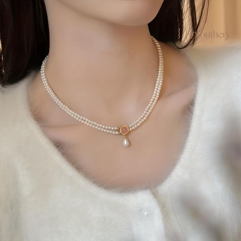 

1PC Luxury Freshwater Pearl Necklace, Blue Zircon Freshwater Pearl Necklace, Suitable for Daily Wear рожевий