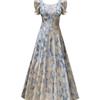 Large size women's summer fat mm retro French long skirt vacation style square collar blue oil painting knee floral dress