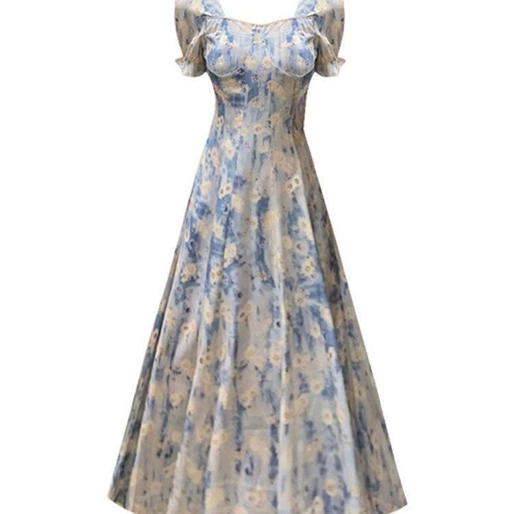 Large size women's summer fat mm retro French long skirt vacation style square collar blue oil painting knee floral dress