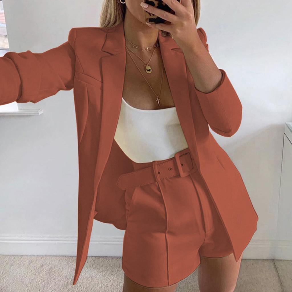 Women's Slim Fit Two Piece Suit Lapel Long Sleeve Blazer High Waist Belted Short Co-ord Outfit Set