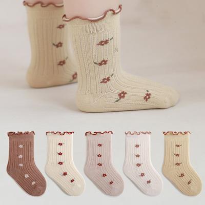1 Pairs Asethetic Floral Lace Socks for Baby Girl Retro Boneles Princess Flower Calf Mid Socks for Toddler Soft Cotton Stockings
