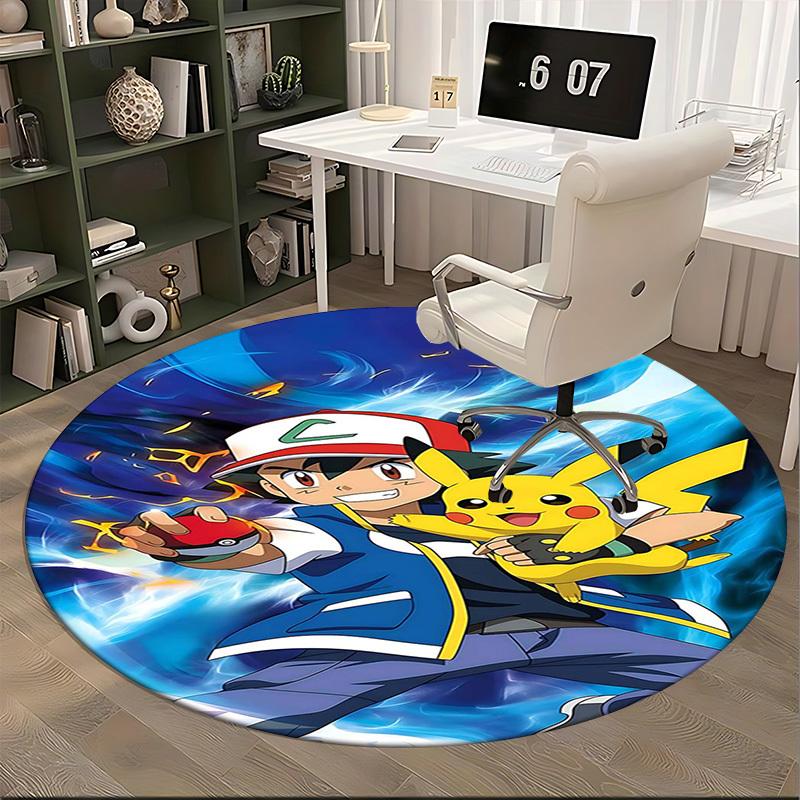 1pc Pokémon Pikachu & Ash Anime Design Round Carpet - Office Chair Mat, Non-Slip Rug for Home Decor, Living Room, Bedroom, Game Room Decoration.K030