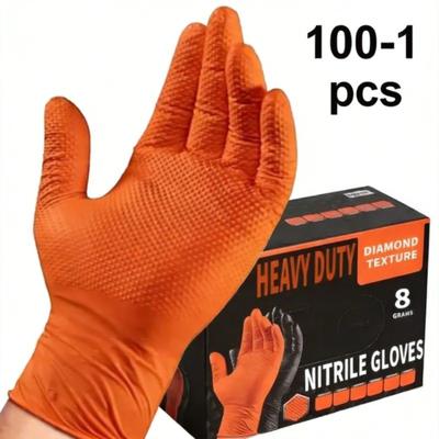 Extra Espessos 100-1 Peças, Resistentes e 8 Mil Luvas Descartáveis de Nitrilo com Padrão Diamante Laranja - Textura Elevada de Diamante, Sem Pó e Sem Látex