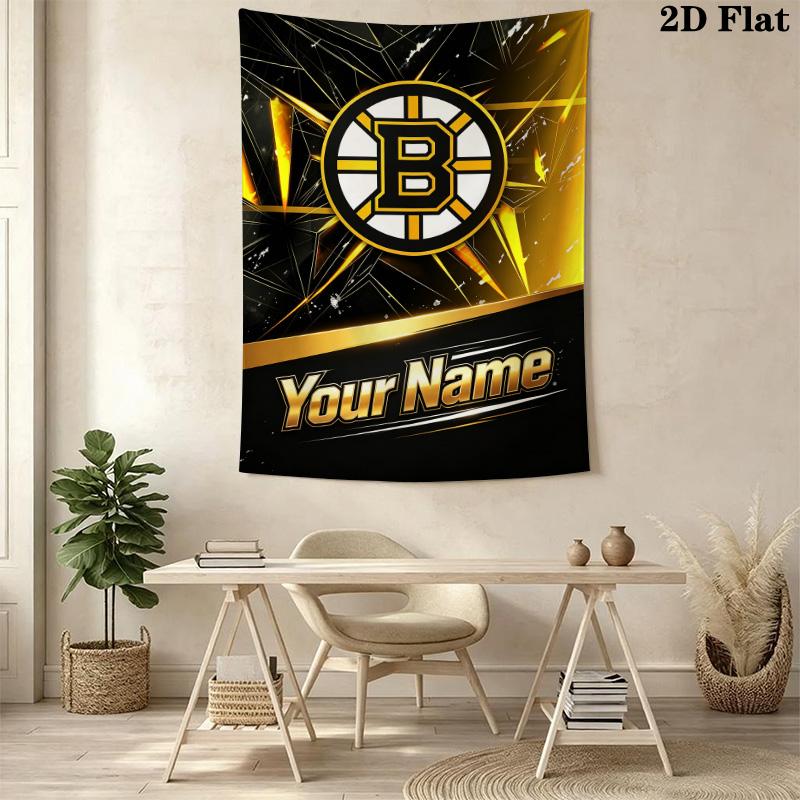 Name Custom Boston Bruins Logo Wall Tapestry Aesthetic Wall Hanging Printed Fabric Blanket Decorative Tapestries for Bedroom Living Room Home Decor