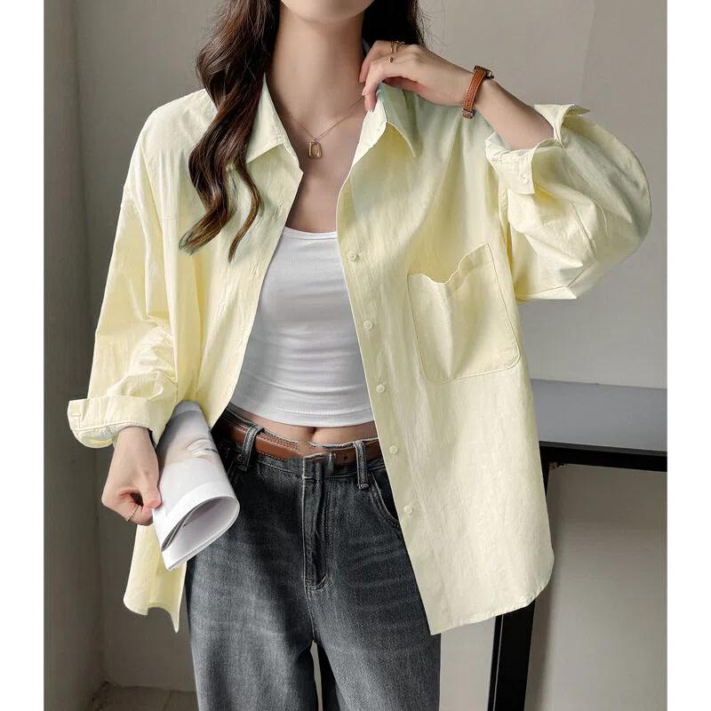 Spring Autumn Polo-neck Solid Casual Fashion Shirt Women Long Sleeve Single Breasted Cotton Blouse Cardigan Top