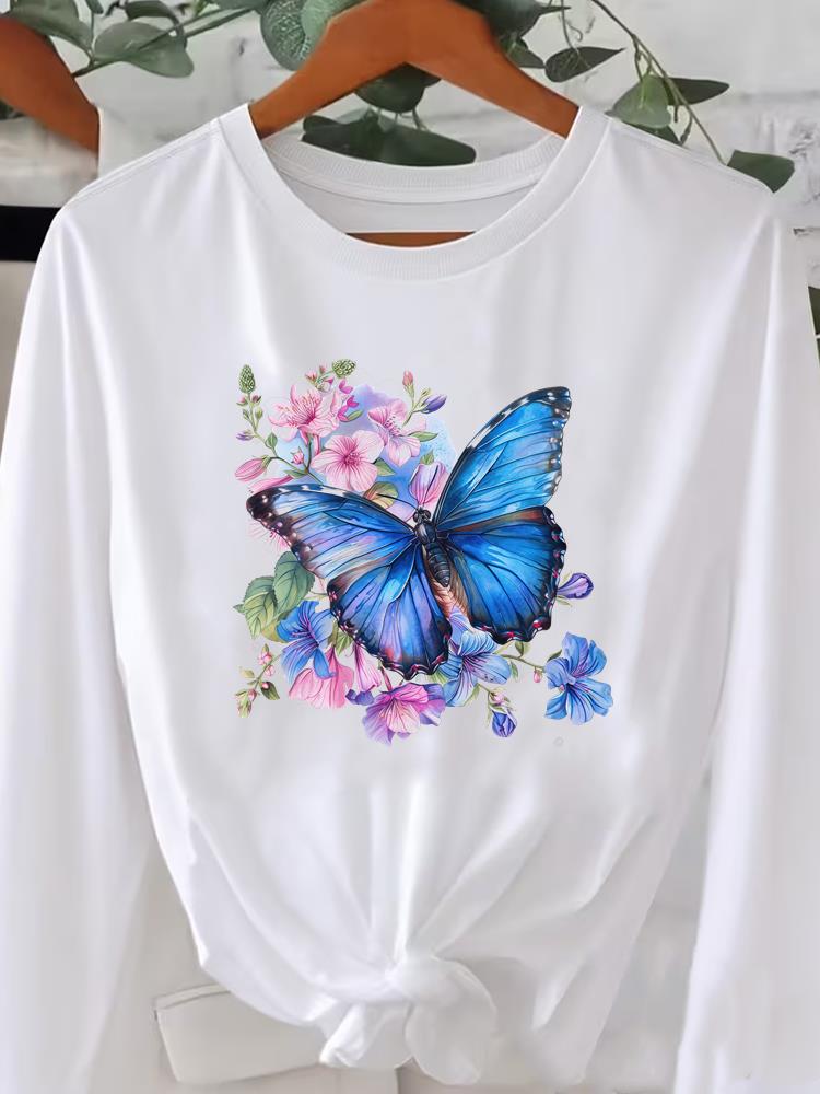(Asian Size) O-neck Women T Shirt Tee Lady Watercolor Flower Trend Printed Female Clothing Casual Fashion Top Long Sleeve  Graphic T-shirts