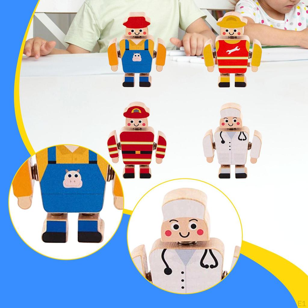 4x Wooden Snap Building Toys,Mini People Figures Toys,Early Learning,Fine Motor Skills Playset for 3