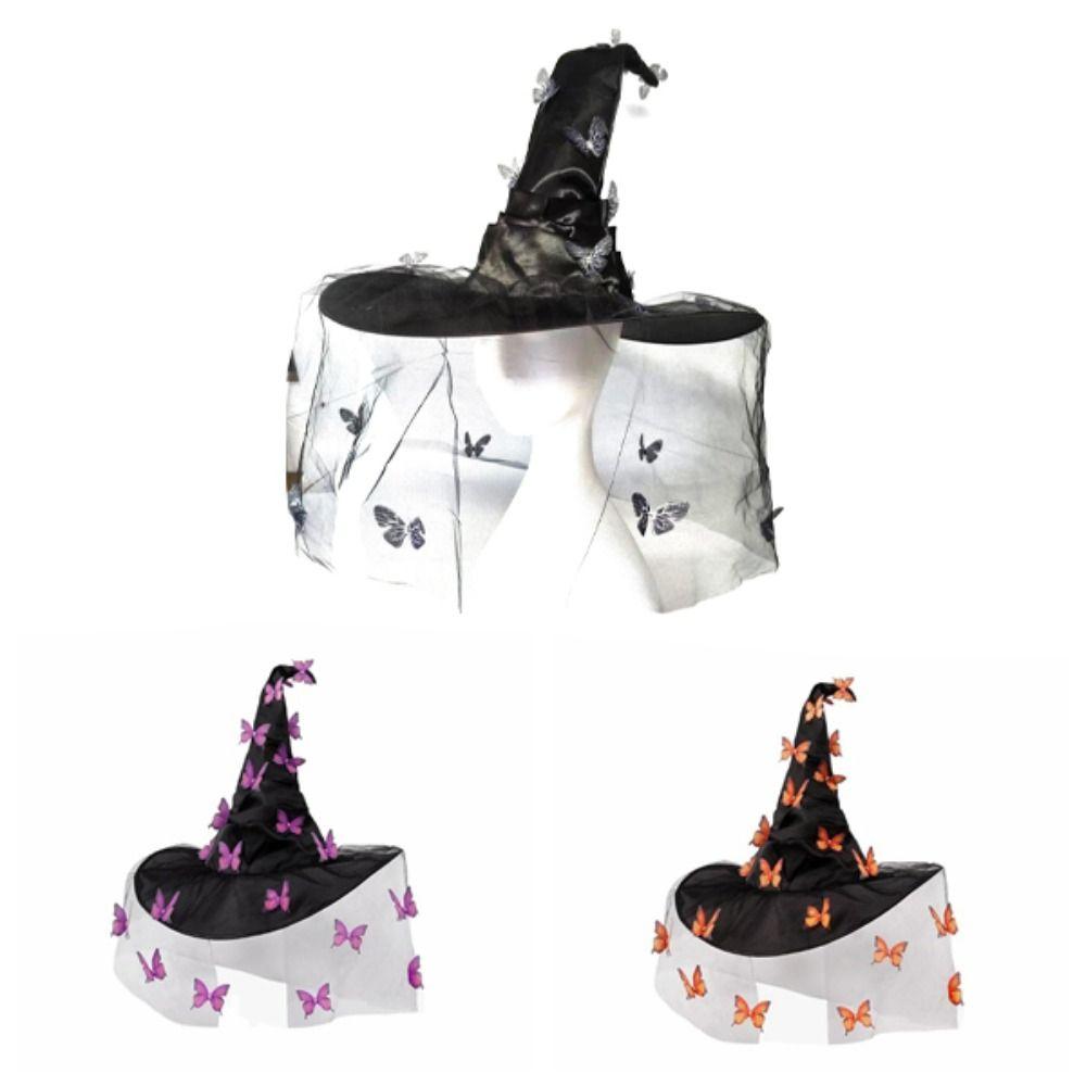 Funny Butterfly Wizard Cap Colorful Halloween Cap with Veil Halloween Witch Hat  Masquerade