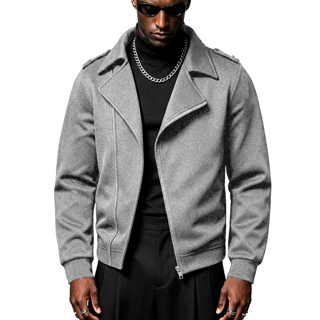Mens Lapel Collar Motorcycle Jacket, Asymmetric Zipper Long Sleeve Casual Outerwear for Daily Wear