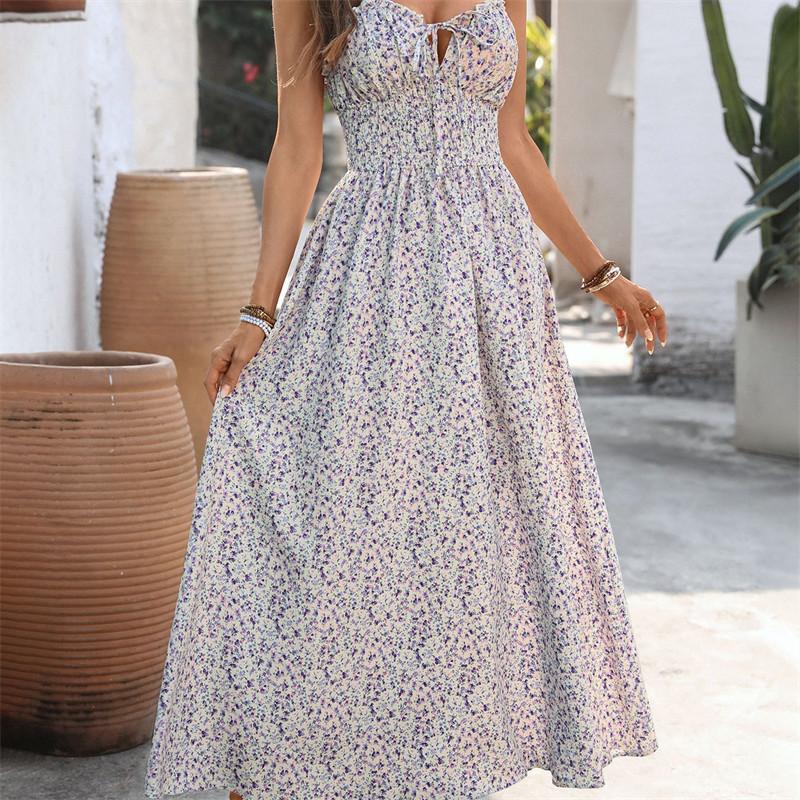 Floral Dress Women's A-line Suspender Waist Cinching Spring Summer S-XL