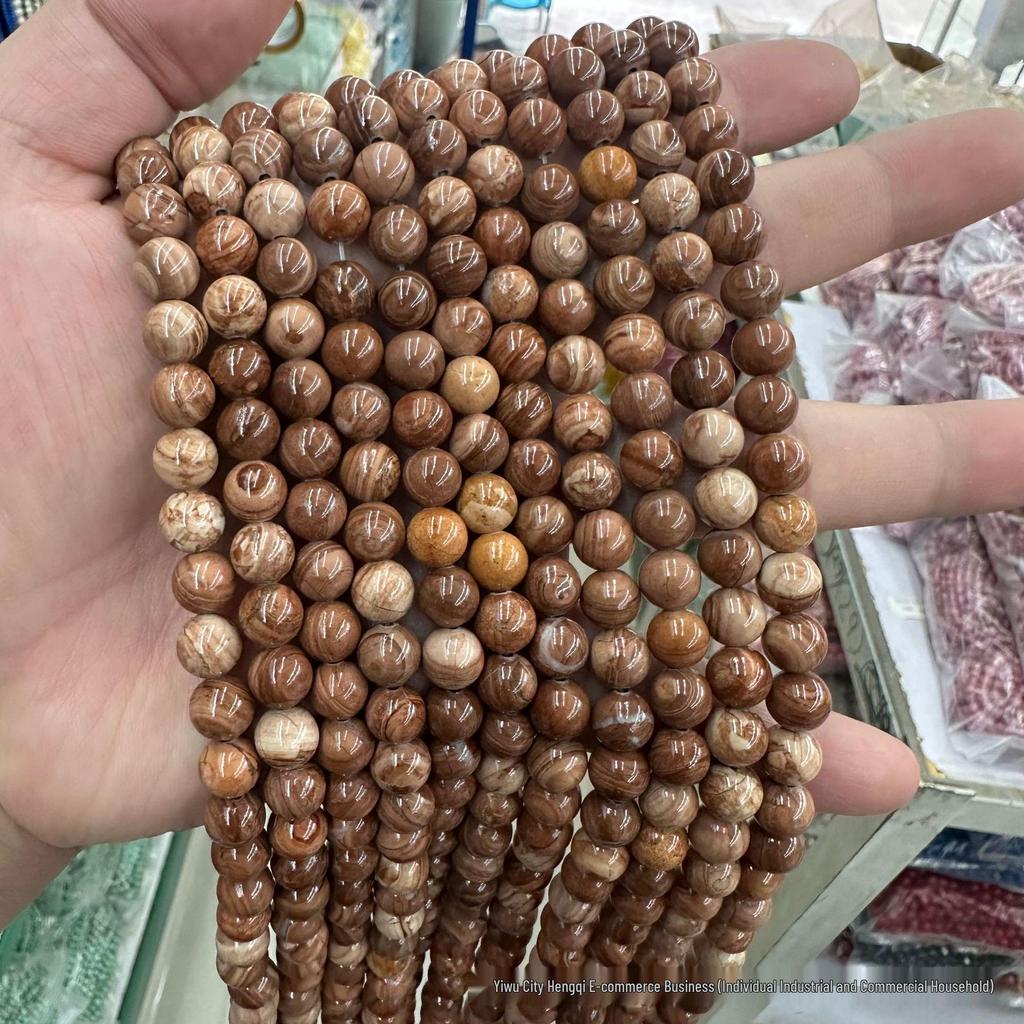 Coffee Wood Grain Stone Beaded Bracelet: Natural Round Beads Jewelry Accessory in Coffee Color