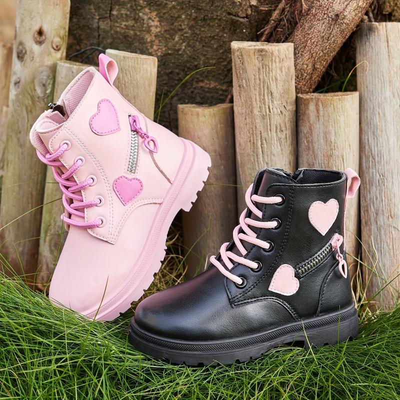 Adorable Heart Non Slip Ankle Boots Girls Boys Lightweight Durable PU Rubber Outdoor Hiking Shoes Zipper Closure Pink Black Fall Winter Casual