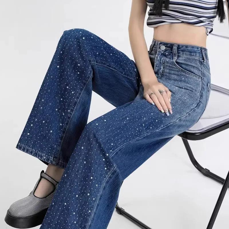 

WTEMPO Ретро Стразы Блингблинг Цвет Длинные Джинсы Женские Большие Размеры Высокая Талия Эластичные Широкие Джинсовые Брюки S синий