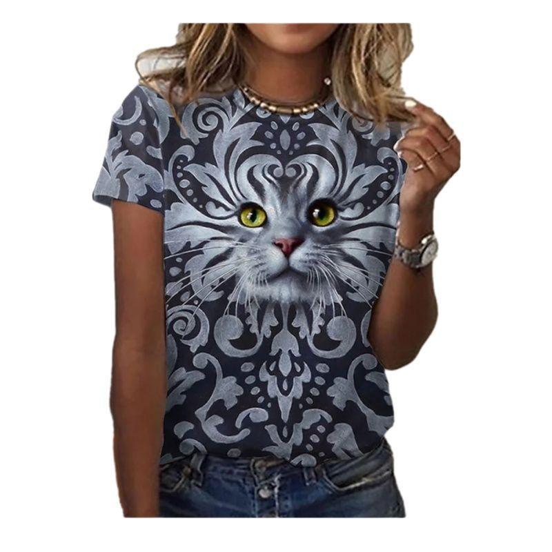 Summer Casual Digital Printed 3D Loose Round Neck Short Sleeved T-Shirts Women’s