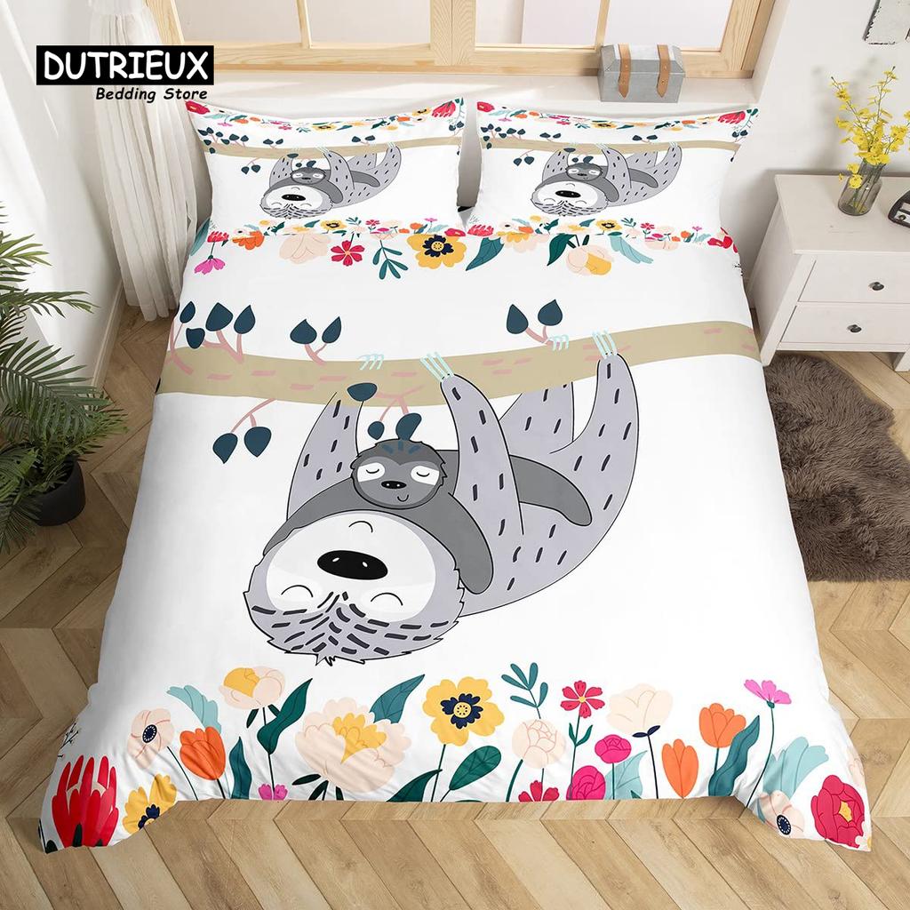 Kawaii Bear Duvet Cover Set Twin King Size Cartoon Animals Bedding Set Polyester Parachute Blue Sky White Cloud Comforter Cover