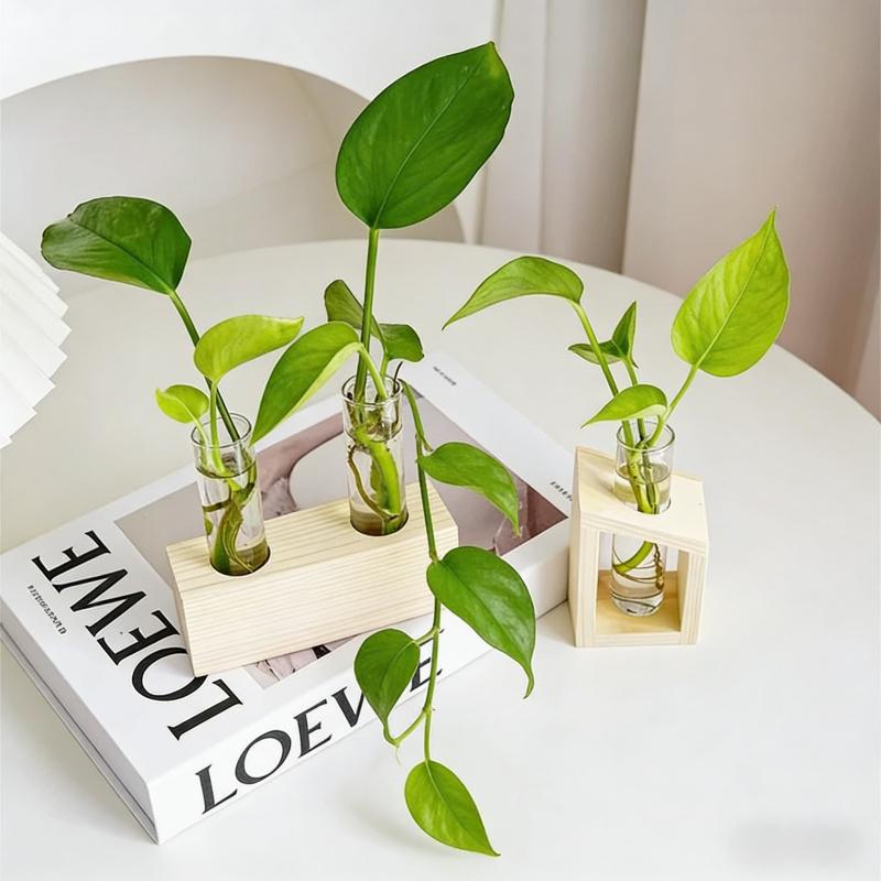 Creative Hydroponic Test Tube Glass Vase Wooden Flower Stand Home Decor Plant Container Desktop Flower Arrangement Stand Ornamen