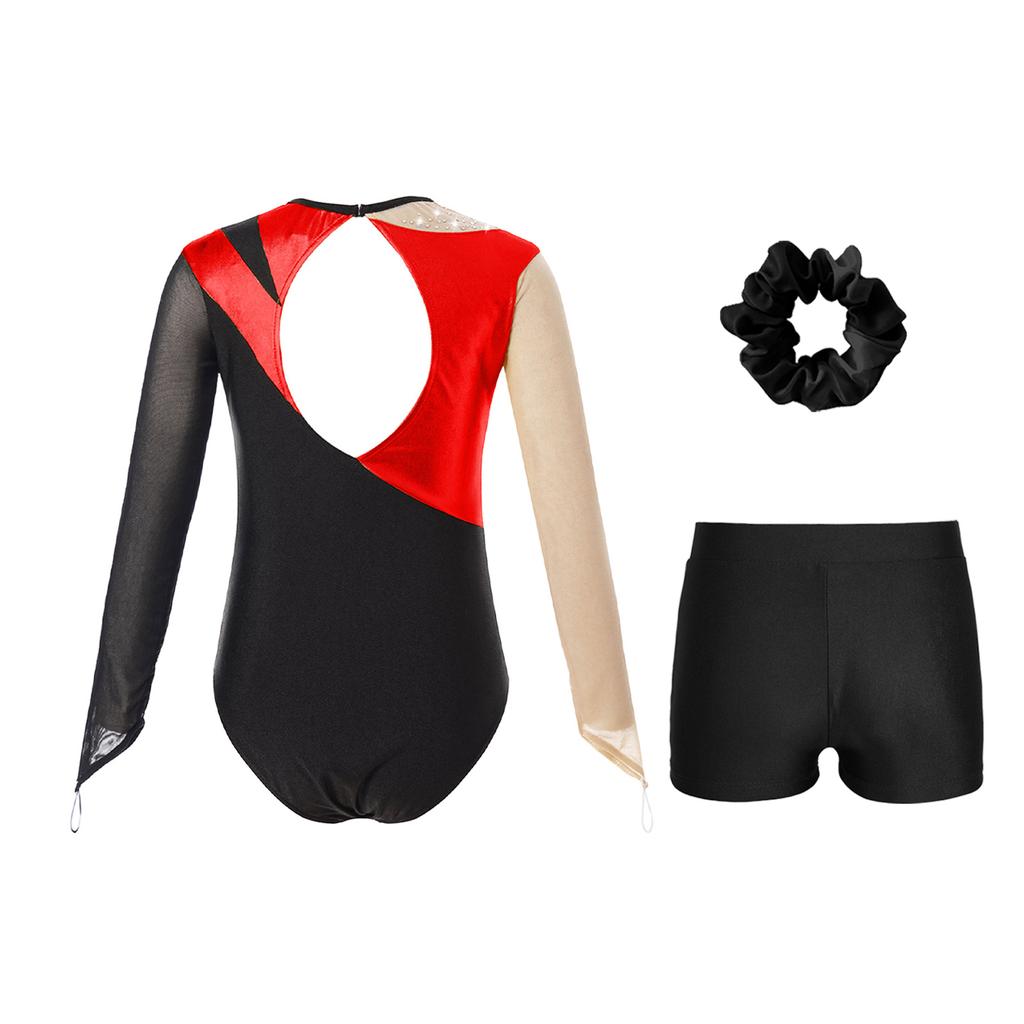 Girls Dance Long Sleeve Round Neck Leotard Patchwork Cutout Back with Shorts Hair Tie Headwear Set