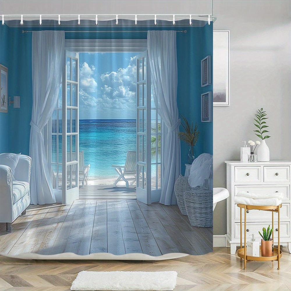 

Tranquil Beach Theme Shower Curtain Coast Style French Door Design With 12 Hooks, Machine Washable Bathroom Decoration W60H190(CM)-1 Pcs