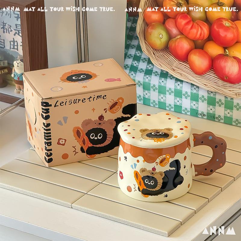 Dárky k narozeninám Kočičí keramický hrnek s víčkem Hrnek na vodu Hrnek s vysokou úrovní vzhledu pro dívky Domácí keramický hrnek na pití