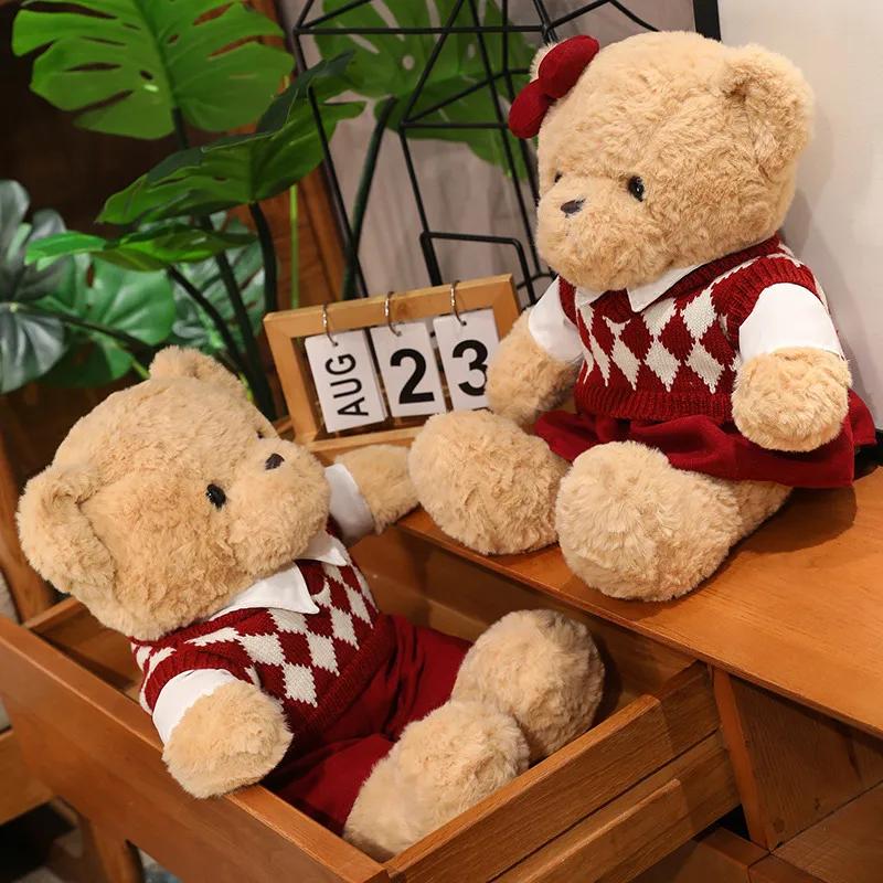 Couple Studant Bears Plush Toys Graduation Present Cartoon Bear Wear Plaid Sweater Soft Doll Kawaii Toy Brinquedos