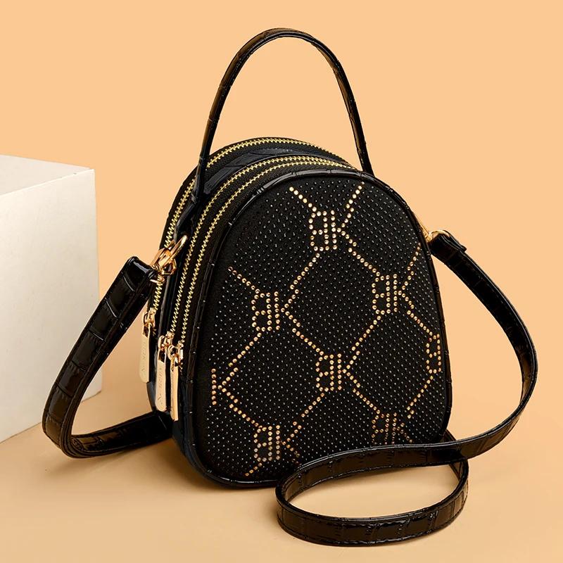 Luxury Rhinestone Decoration Women Shoulder Bags New Black PU Leather Small Handbag For Ladies Fashion Design Travel Phone Purse