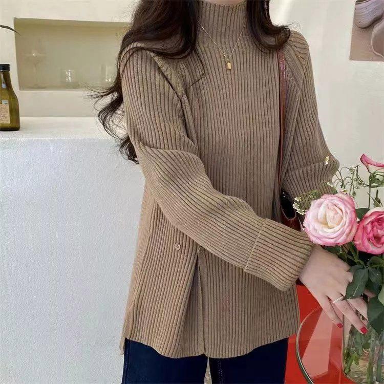 Women Sweater Autumn Plus Size Sweater Half High Collar Knitted Bottoming Shirt Loose Open Button Solid Color Top Pullover Sweater Female