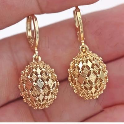 Vintage Metal Hand Engraved Pattern Hoop Earrings Classic Women's Gold Plated Hook Drop Earrings