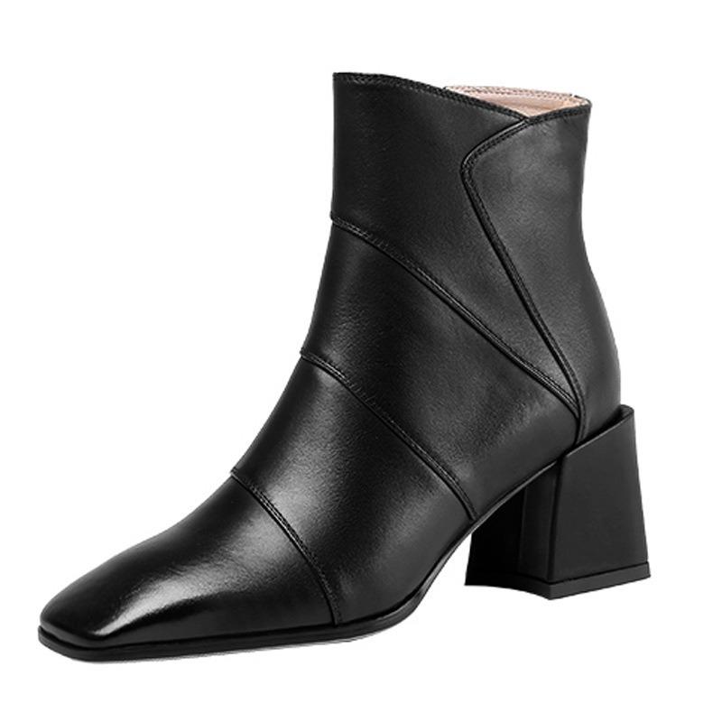 New Autumn and Winter Leather Shoes Women's Thick Heel Middle Heel Leather Black Short Boots Spring and Autumn Women's Shoes Soft Leather Martin Boots