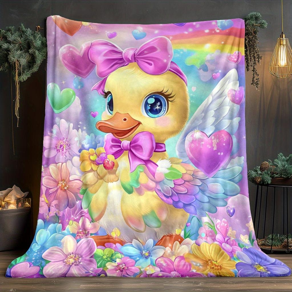 Cute Duck with Wings Bow Hearts Flowers Rainbow Fleece Blanket Magical Animal Print Soft Flannel Throw Kids Bedding Playroom