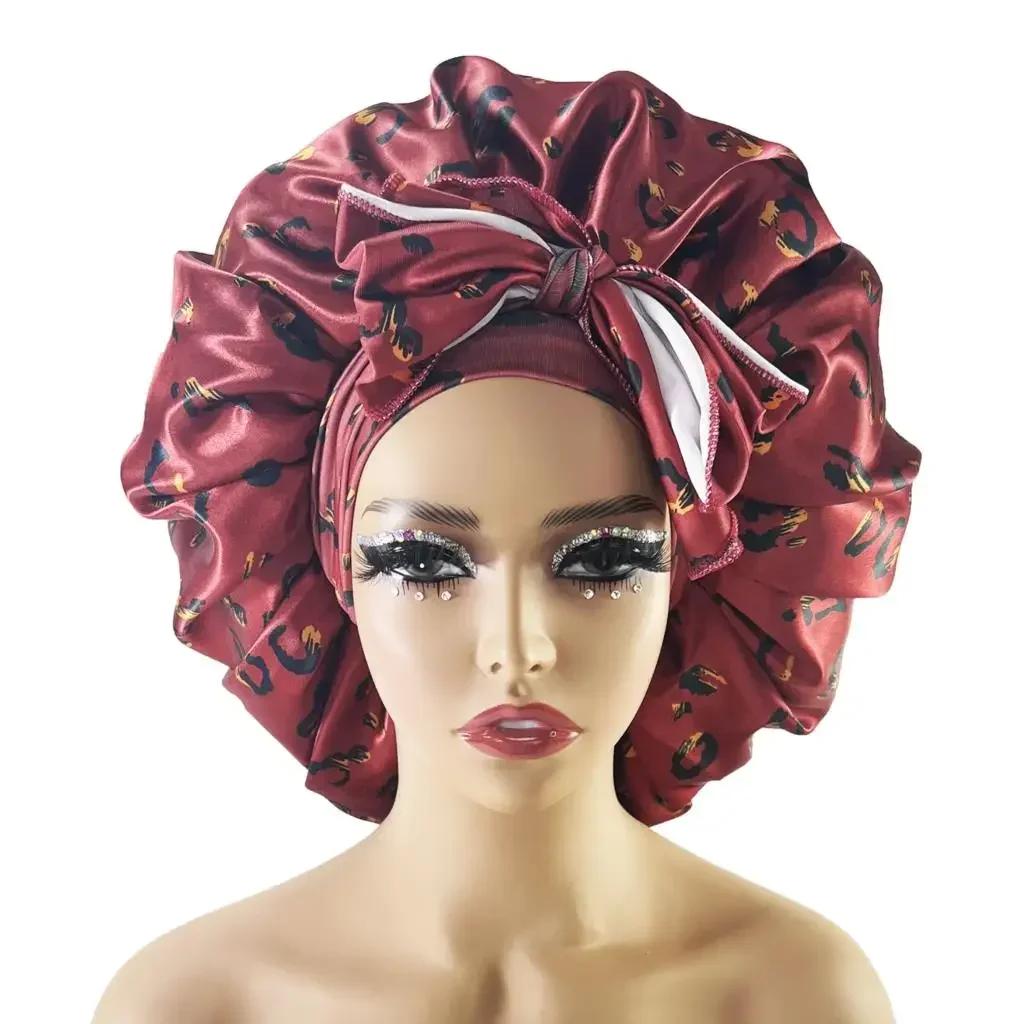 New Large Satin Bonnet Silk Night Sleeping Cap with Head Tie Band Bonnet Edge Wrap for Women Curly Braid Hair