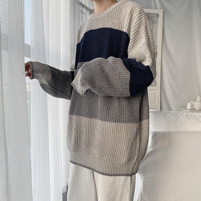 Japanischer Stil Gestreifter Pullover Männlich O-Ausschnitt Pullover Pullover für Männer Locker Lässiger Pullover Übergröße Gestricktes Partner-Outfit Korea