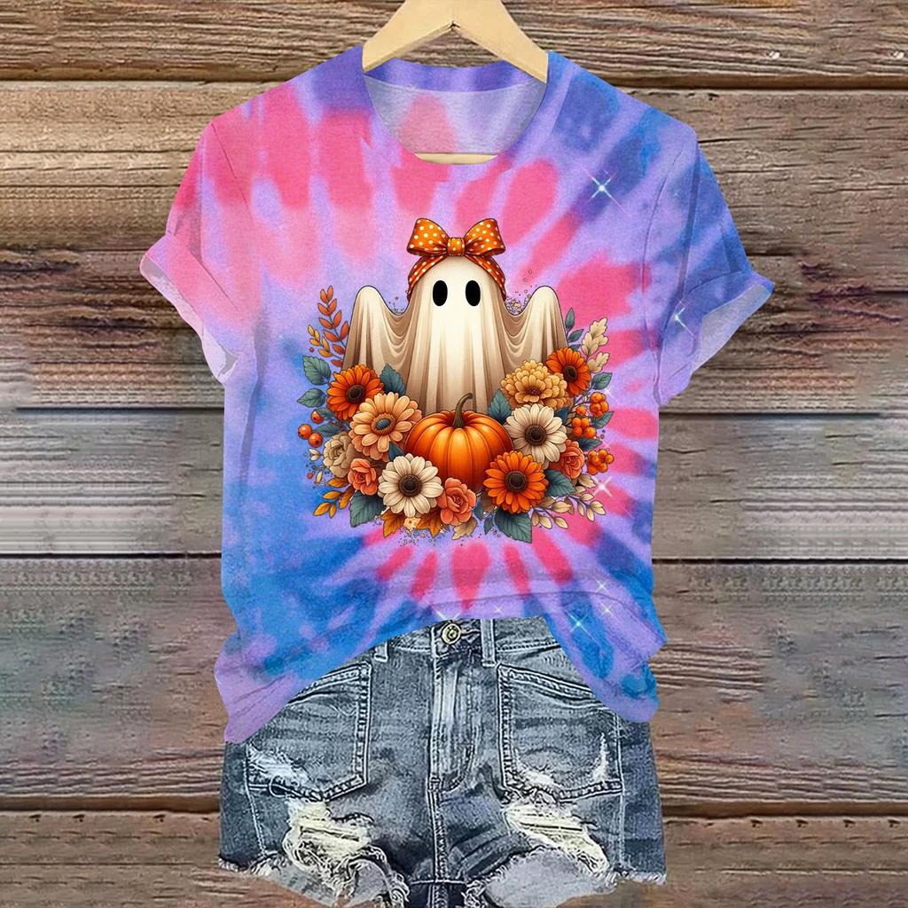 Ladies' Casual Halloween Printed Round Neck Short Sleeved T-Shirt