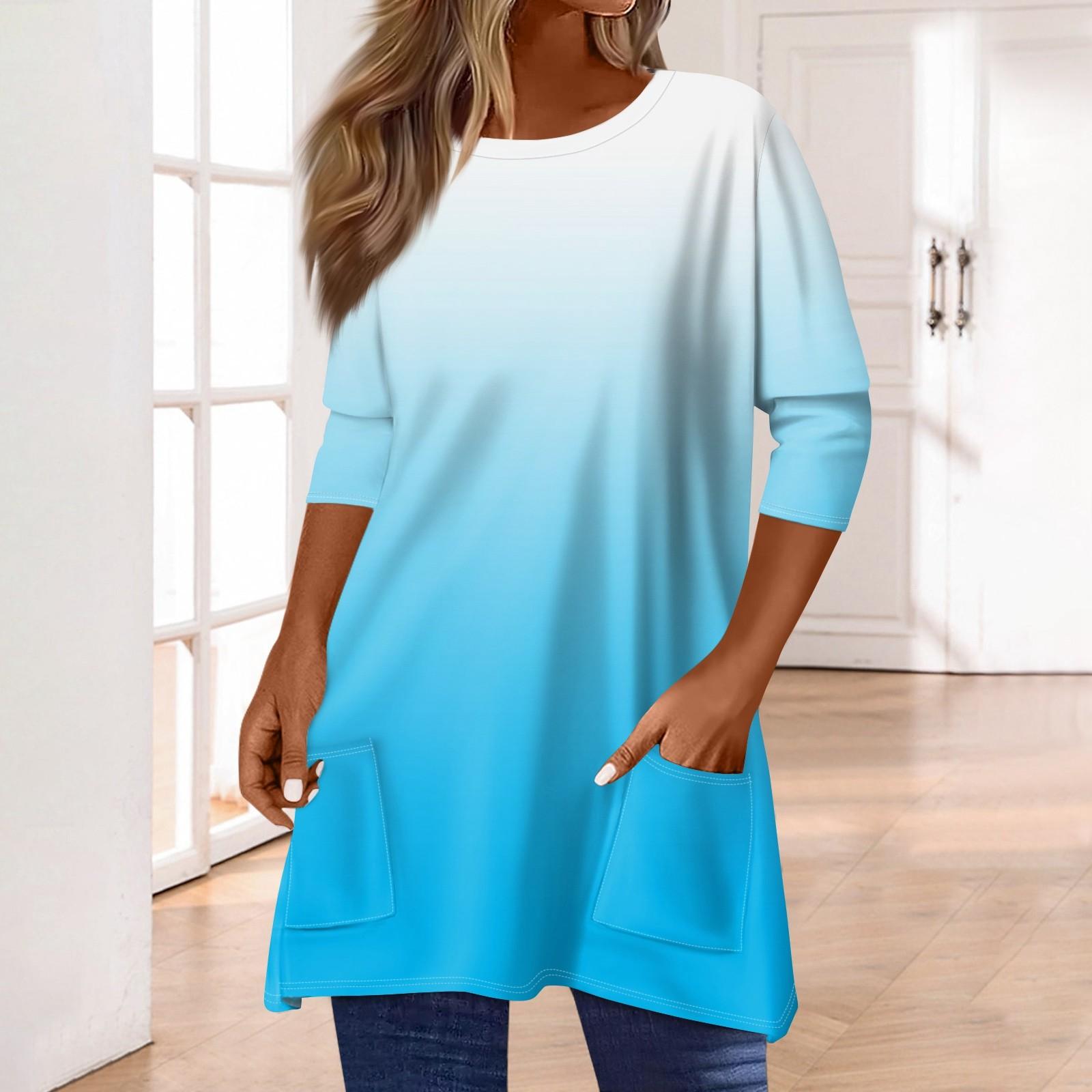 

3/4 рукава кармана топы для женщин футболка повседневный принт средней длины топы футболка круглый вырез пуловер блузка S