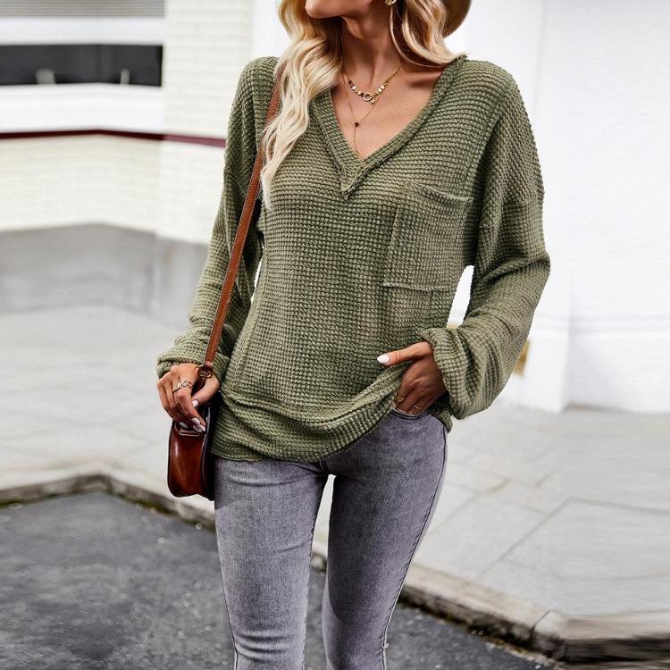 Autumn Winter Women Solid Color V Neck Knit Sweater Long Sleeve Top