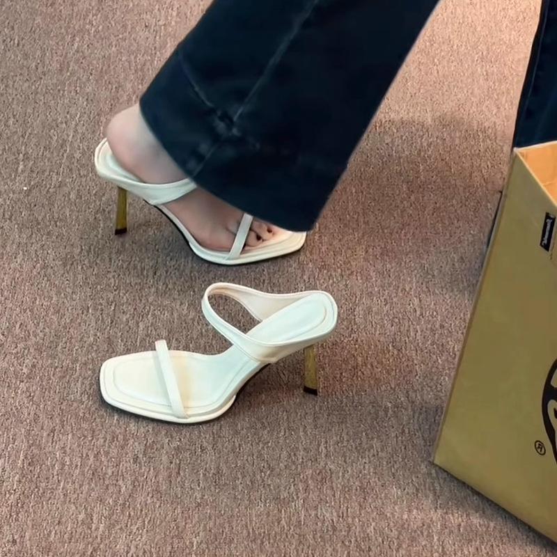 2025 summer Internet celebrities new sexy high-heeled sandals women wear leopard print square head open toe word with stiletto sandals