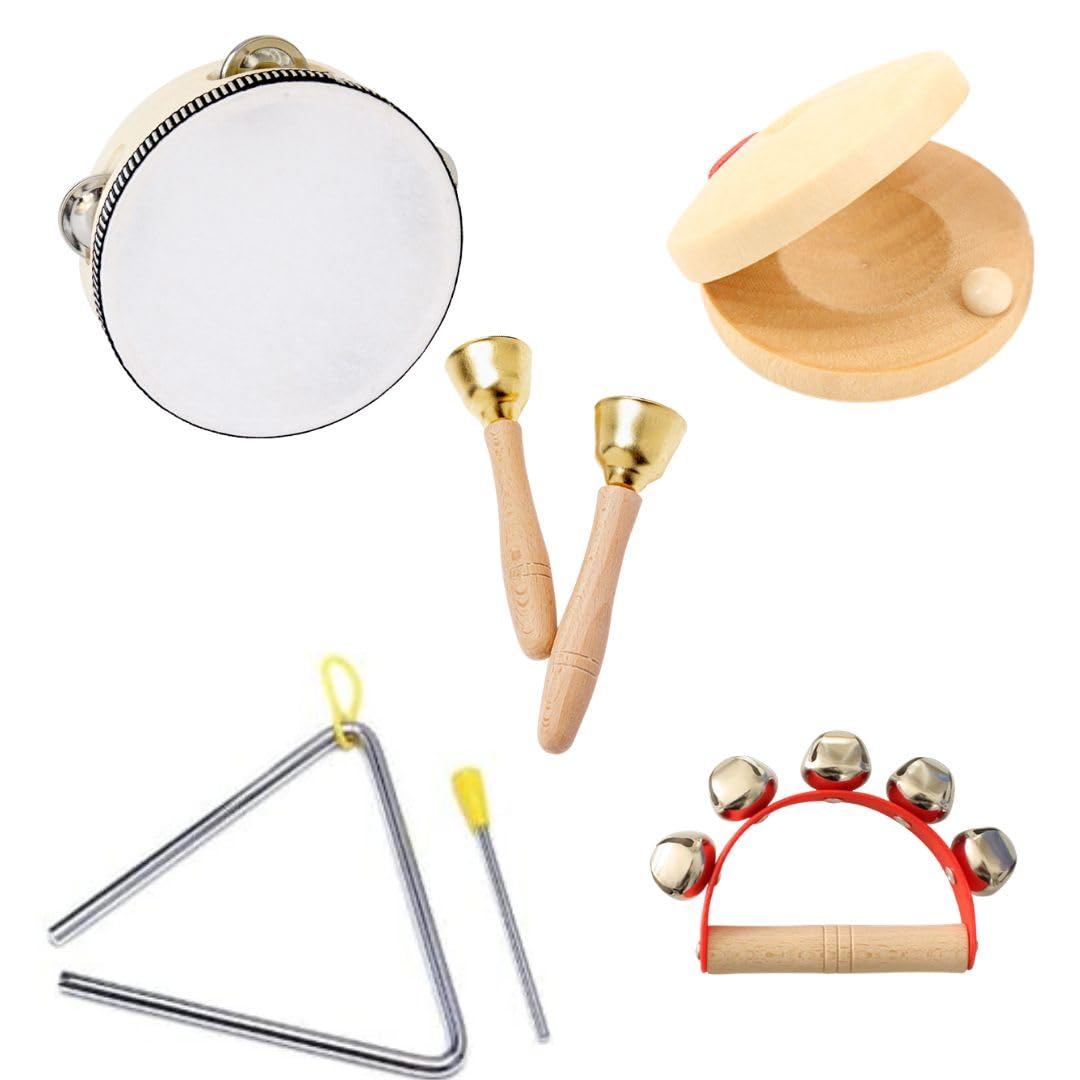 Cobalt Planet Percussion Instrument Set (5 Pieces): Tambourine, Castanets, Handbells, Triangle, Jingle Bells - Perfect for Beginners, Music Education,