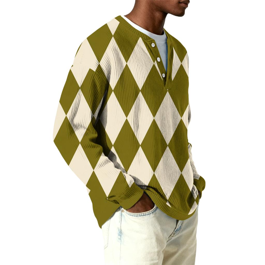 Męski sweter z dzianiny prążkowanej z długim rękawem, z kołnierzykiem zapinanym na guziki