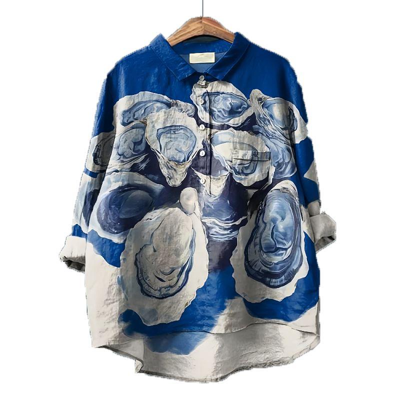 European Plus Size Women Clothing Retro Hong Kong Style Spring and Autumn New Breasted Print Loose Mid-Length Casual Long Sleeve Shirts Top