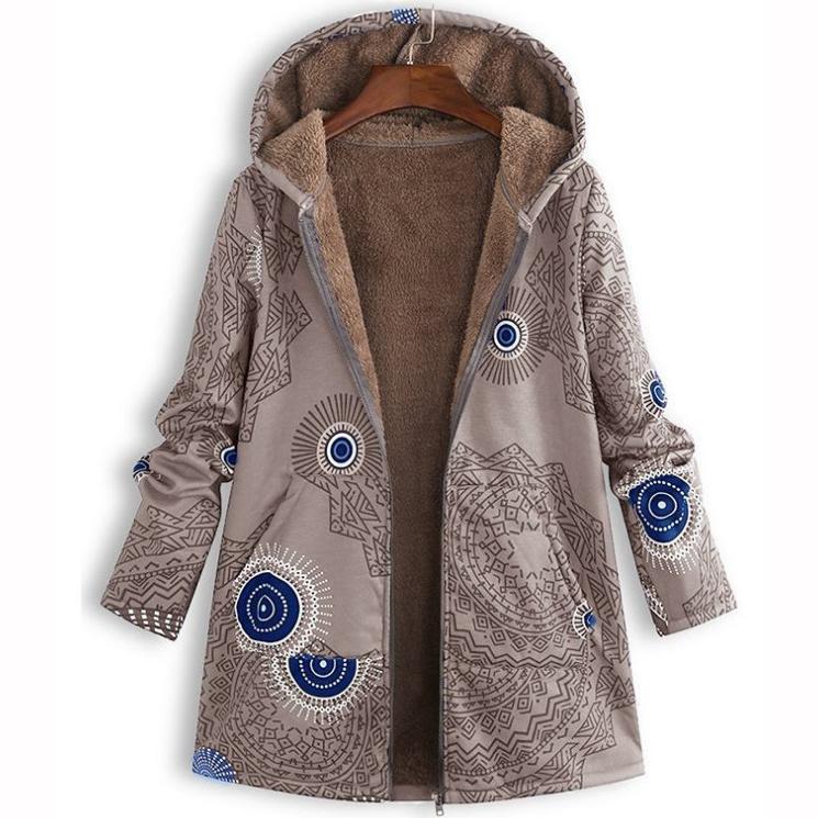 Printed Hooded Long Sleeve Coat Oversized Vintage Women Autumn Winter Warm Plush Jacket Casual